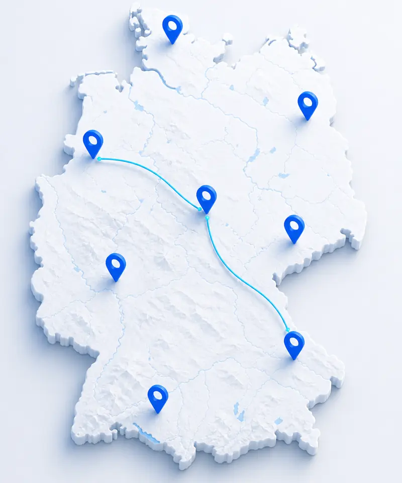 Stilisierte Deutschlandkarte mit mehreren Standortmarkierungen