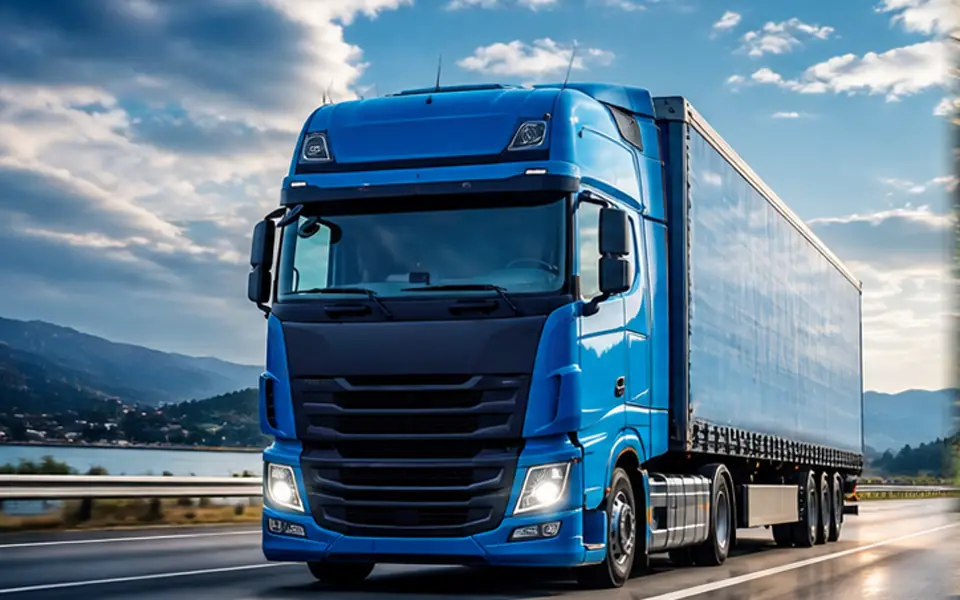 Blauer Lkw auf einer Fernstraße